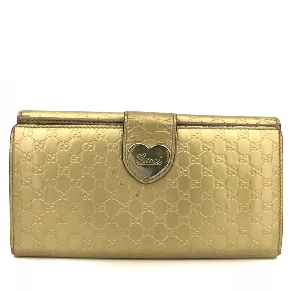 GUCCI Micro Ssima Heart GG Logo Leather Bifold Long Wallet